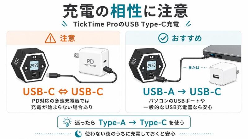 TickTime ProのUSB-C充電で推奨されるケーブルの組み合わせ図