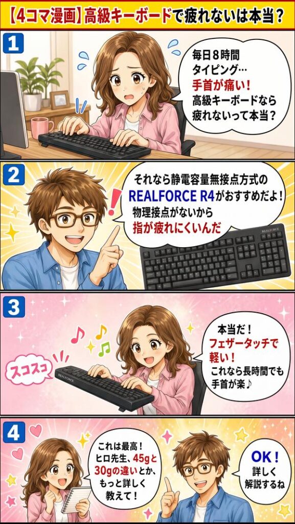 【4コマ漫画】高級キーボードで疲れないは本当?