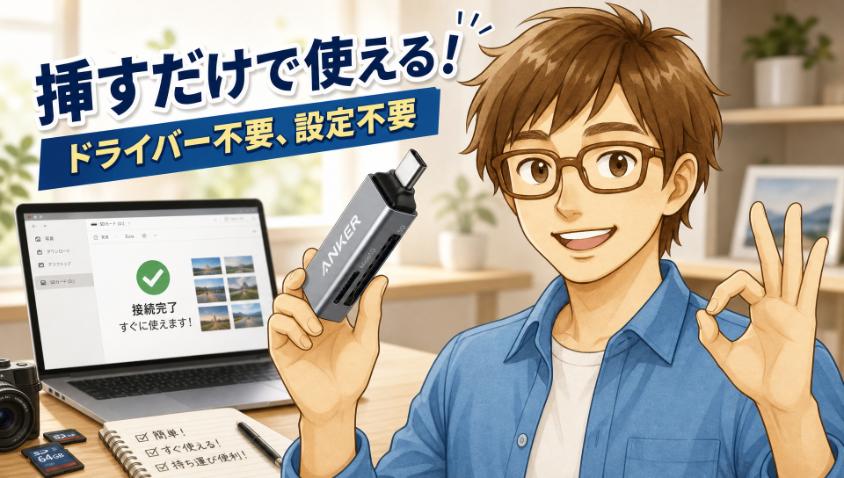 1.　まず結論　このカードリーダーは「挿すだけ」で使えます