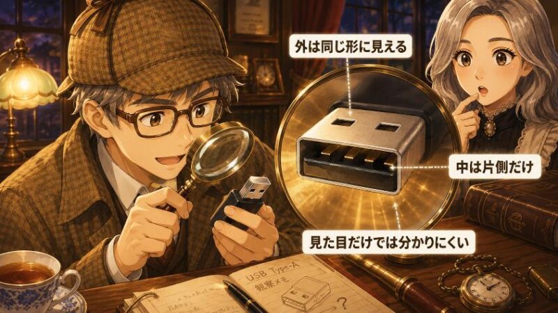 2.　第一の手がかり　USBコネクタは「外は対称、中は非対称」だった