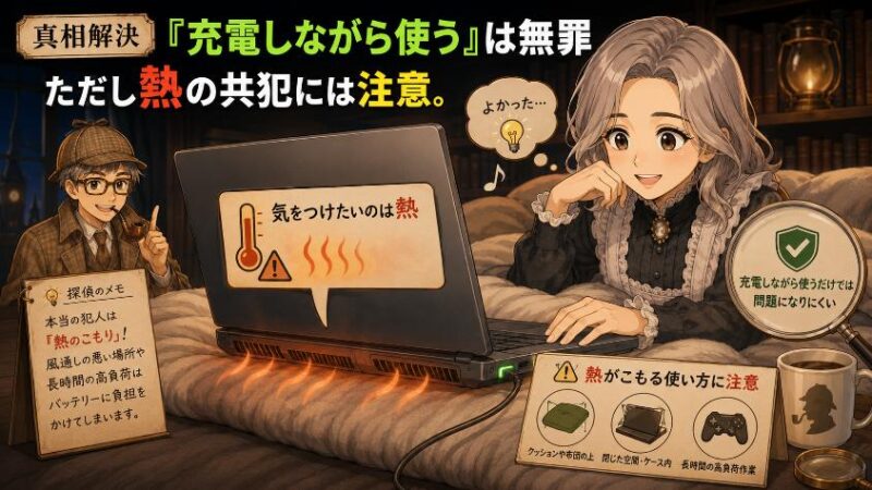 4.　真相解決　「充電しながら使う」は無罪　ただし熱の共犯には注意