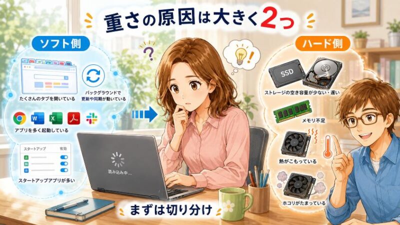 1. パソコンが重くなる原因は「ソフト側」と「ハード側」の2つに大別できる